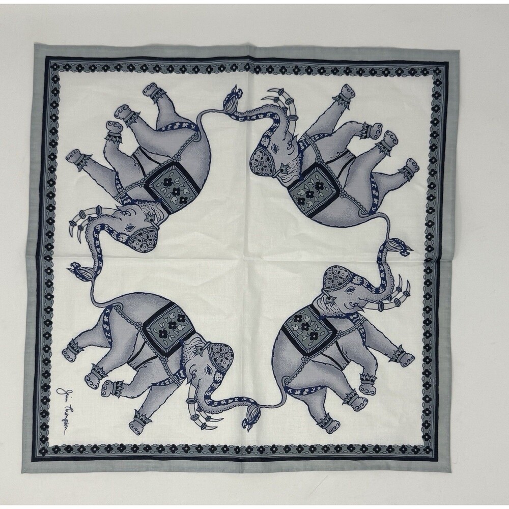 Jim Thompson 100% Thai Silk Scarf Elephant Print ﻿16”x16” Blue White